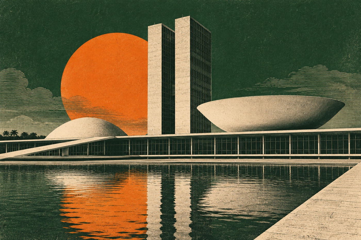 Ilustração editorial do Congresso Nacional, com formas modernistas em verde e laranja